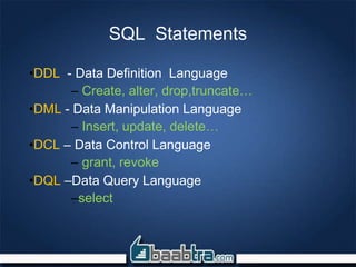 SQL Statements
•DDL - Data Definition Language
– Create, alter, drop,truncate…
•DML - Data Manipulation Language
– Insert, update, delete…
•DCL – Data Control Language
– grant, revoke
•DQL –Data Query Language
–select
 