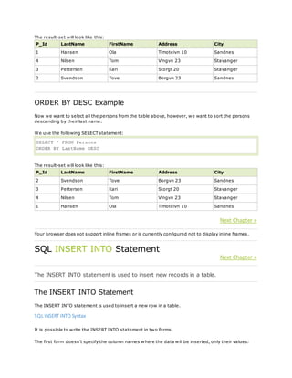 The result-set will look like this:
P_Id LastName FirstName Address City
1 Hansen Ola Timoteivn 10 Sandnes
4 Nilsen Tom Vingvn 23 Stavanger
3 Pettersen Kari Storgt 20 Stavanger
2 Svendson Tove Borgvn 23 Sandnes
ORDER BY DESC Example
Now we want to select all the persons from the table above, however, we want to sort the persons
descending by their last name.
We use the following SELECT statement:
SELECT * FROM Persons
ORDER BY LastName DESC
The result-set will look like this:
P_Id LastName FirstName Address City
2 Svendson Tove Borgvn 23 Sandnes
3 Pettersen Kari Storgt 20 Stavanger
4 Nilsen Tom Vingvn 23 Stavanger
1 Hansen Ola Timoteivn 10 Sandnes
Next Chapter »
Your browser does not support inline frames or is currently configured not to display inline frames.
SQL INSERT INTO Statement
Next Chapter »
The INSERT INTO statement is used to insert new records in a table.
The INSERT INTO Statement
The INSERT INTO statement is used to insert a new row in a table.
SQL INSERT INTO Syntax
It is possible to write the INSERT INTO statement in two forms.
The first form doesn't specify the column names where the data will be inserted, only their values:
 