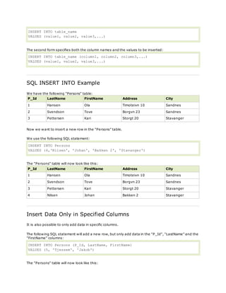 INSERT INTO table_name
VALUES (value1, value2, value3,...)
The second form specifies both the column names and the values to be inserted:
INSERT INTO table_name (column1, column2, column3,...)
VALUES (value1, value2, value3,...)
SQL INSERT INTO Example
We have the following "Persons" table:
P_Id LastName FirstName Address City
1 Hansen Ola Timoteivn 10 Sandnes
2 Svendson Tove Borgvn 23 Sandnes
3 Pettersen Kari Storgt 20 Stavanger
Now we want to insert a new row in the "Persons" table.
We use the following SQL statement:
INSERT INTO Persons
VALUES (4,'Nilsen', 'Johan', 'Bakken 2', 'Stavanger')
The "Persons" table will now look like this:
P_Id LastName FirstName Address City
1 Hansen Ola Timoteivn 10 Sandnes
2 Svendson Tove Borgvn 23 Sandnes
3 Pettersen Kari Storgt 20 Stavanger
4 Nilsen Johan Bakken 2 Stavanger
Insert Data Only in Specified Columns
It is also possible to only add data in specific columns.
The following SQL statement will add a new row, but only add data in the "P_Id", "LastName" and the
"FirstName" columns:
INSERT INTO Persons (P_Id, LastName, FirstName)
VALUES (5, 'Tjessem', 'Jakob')
The "Persons" table will now look like this:
 