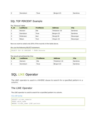 2 Svendson Tove Borgvn 23 Sandnes
SQL TOP PERCENT Example
The "Persons" table:
P_Id LastName FirstName Address City
1 Hansen Ola Timoteivn 10 Sandnes
2 Svendson Tove Borgvn 23 Sandnes
3 Pettersen Kari Storgt 20 Stavanger
4 Nilsen Tom Vingvn 23 Stavanger
Now we want to select only 50% of the records in the table above.
We use the following SELECT statement:
SELECT TOP 50 PERCENT * FROM Persons
The result-set will look like this:
P_Id LastName FirstName Address City
1 Hansen Ola Timoteivn 10 Sandnes
2 Svendson Tove Borgvn 23 Sandnes
SQL LIKE Operator
The LIKE operator is used in a WHERE clause to search for a specified pattern in a
column.
The LIKE Operator
The LIKE operator is used to search for a specified pattern in a column.
SQL LIKE Syntax
SELECT column_name(s)
FROM table_name
WHERE column_name LIKE pattern
 