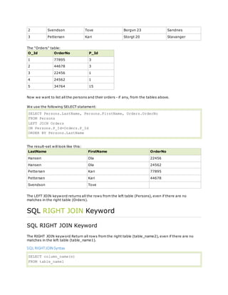 2 Svendson Tove Borgvn 23 Sandnes
3 Pettersen Kari Storgt 20 Stavanger
The "Orders" table:
O_Id OrderNo P_Id
1 77895 3
2 44678 3
3 22456 1
4 24562 1
5 34764 15
Now we want to list all the persons and their orders - if any, from the tables above.
We use the following SELECT statement:
SELECT Persons.LastName, Persons.FirstName, Orders.OrderNo
FROM Persons
LEFT JOIN Orders
ON Persons.P_Id=Orders.P_Id
ORDER BY Persons.LastName
The result-set will look like this:
LastName FirstName OrderNo
Hansen Ola 22456
Hansen Ola 24562
Pettersen Kari 77895
Pettersen Kari 44678
Svendson Tove
The LEFT JOIN keyword returns all the rows from the left table (Persons), even if there are no
matches in the right table (Orders).
SQL RIGHT JOIN Keyword
SQL RIGHT JOIN Keyword
The RIGHT JOIN keyword Return all rows from the right table (table_name2), even if there are no
matches in the left table (table_name1).
SQL RIGHTJOIN Syntax
SELECT column_name(s)
FROM table_name1
 