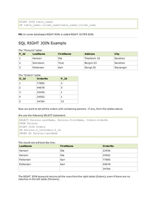 RIGHT JOIN table_name2
ON table_name1.column_name=table_name2.column_name
PS: In some databases RIGHT JOIN is called RIGHT OUTER JOIN.
SQL RIGHT JOIN Example
The "Persons" table:
P_Id LastName FirstName Address City
1 Hansen Ola Timoteivn 10 Sandnes
2 Svendson Tove Borgvn 23 Sandnes
3 Pettersen Kari Storgt 20 Stavanger
The "Orders" table:
O_Id OrderNo P_Id
1 77895 3
2 44678 3
3 22456 1
4 24562 1
5 34764 15
Now we want to list all the orders with containing persons - if any, from the tables above.
We use the following SELECT statement:
SELECT Persons.LastName, Persons.FirstName, Orders.OrderNo
FROM Persons
RIGHT JOIN Orders
ON Persons.P_Id=Orders.P_Id
ORDER BY Persons.LastName
The result-set will look like this:
LastName FirstName OrderNo
Hansen Ola 22456
Hansen Ola 24562
Pettersen Kari 77895
Pettersen Kari 44678
34764
The RIGHT JOIN keyword returns all the rows from the right table (Orders), even if there are no
matches in the left table (Persons).
 