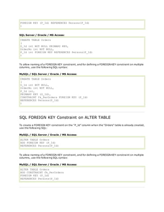 FOREIGN KEY (P_Id) REFERENCES Persons(P_Id)
)
SQL Server / Oracle / MS Access:
CREATE TABLE Orders
(
O_Id int NOT NULL PRIMARY KEY,
OrderNo int NOT NULL,
P_Id int FOREIGN KEY REFERENCES Persons(P_Id)
)
To allow naming of a FOREIGN KEY constraint, and for defining a FOREIGN KEY constraint on multiple
columns, use the following SQL syntax:
MySQL / SQL Server / Oracle / MS Access:
CREATE TABLE Orders
(
O_Id int NOT NULL,
OrderNo int NOT NULL,
P_Id int,
PRIMARY KEY (O_Id),
CONSTRAINT fk_PerOrders FOREIGN KEY (P_Id)
REFERENCES Persons(P_Id)
)
SQL FOREIGN KEY Constraint on ALTER TABLE
To create a FOREIGN KEY constraint on the "P_Id" column when the "Orders" table is already created,
use the following SQL:
MySQL / SQL Server / Oracle / MS Access:
ALTER TABLE Orders
ADD FOREIGN KEY (P_Id)
REFERENCES Persons(P_Id)
To allow naming of a FOREIGN KEY constraint, and for defining a FOREIGN KEY constraint on multiple
columns, use the following SQL syntax:
MySQL / SQL Server / Oracle / MS Access:
ALTER TABLE Orders
ADD CONSTRAINT fk_PerOrders
FOREIGN KEY (P_Id)
REFERENCES Persons(P_Id)
 