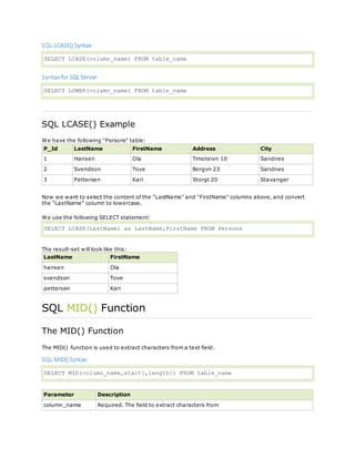 SQL LCASE() Syntax
SELECT LCASE(column_name) FROM table_name
Syntax for SQL Server
SELECT LOWER(column_name) FROM table_name
SQL LCASE() Example
We have the following "Persons" table:
P_Id LastName FirstName Address City
1 Hansen Ola Timoteivn 10 Sandnes
2 Svendson Tove Borgvn 23 Sandnes
3 Pettersen Kari Storgt 20 Stavanger
Now we want to select the content of the "LastName" and "FirstName" columns above, and convert
the "LastName" column to lowercase.
We use the following SELECT statement:
SELECT LCASE(LastName) as LastName,FirstName FROM Persons
The result-set will look like this:
LastName FirstName
hansen Ola
svendson Tove
pettersen Kari
SQL MID() Function
The MID() Function
The MID() function is used to extract characters from a text field.
SQL MID() Syntax
SELECT MID(column_name,start[,length]) FROM table_name
Parameter Description
column_name Required. The field to extract characters from
 