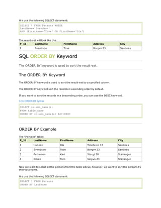 We use the following SELECT statement:
SELECT * FROM Persons WHERE
LastName='Svendson'
AND (FirstName='Tove' OR FirstName='Ola')
The result-set will look like this:
P_Id LastName FirstName Address City
2 Svendson Tove Borgvn 23 Sandnes
SQL ORDER BY Keyword
The ORDER BY keyword is used to sort the result-set.
The ORDER BY Keyword
The ORDER BY keyword is used to sort the result-set by a specified column.
The ORDER BY keyword sort the records in ascending order by default.
If you want to sort the records in a descending order, you can use the DESC keyword.
SQL ORDER BY Syntax
SELECT column_name(s)
FROM table_name
ORDER BY column_name(s) ASC|DESC
ORDER BY Example
The "Persons" table:
P_Id LastName FirstName Address City
1 Hansen Ola Timoteivn 10 Sandnes
2 Svendson Tove Borgvn 23 Sandnes
3 Pettersen Kari Storgt 20 Stavanger
4 Nilsen Tom Vingvn 23 Stavanger
Now we want to select all the persons from the table above, however, we want to sort the persons by
their last name.
We use the following SELECT statement:
SELECT * FROM Persons
ORDER BY LastName
 