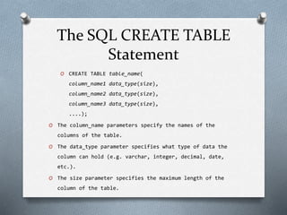 The SQL CREATE TABLE
Statement
O CREATE TABLE table_name(
column_name1 data_type(size),
column_name2 data_type(size),
column_name3 data_type(size),
....);
O The column_name parameters specify the names of the
columns of the table.
O The data_type parameter specifies what type of data the
column can hold (e.g. varchar, integer, decimal, date,
etc.).
O The size parameter specifies the maximum length of the
column of the table.
 