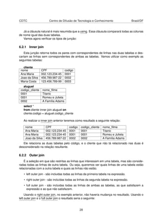 CDTC Centro de Difusão de Tecnologia e Conhecimento Brasil/DF
Já a cláusula natural é mais resumida que a using. Essa cláusula comparará todas as colunas
de nome igual das duas tabelas.
Vamos agora veriﬁcar os tipos de junção:
6.2.1 Inner join
Esta junção retorna todos os pares com correspondentes de linhas nas duas tabelas e des-
cartam as linhas sem correspondentes de ambas as tabelas. Vamos utilizar como exemplo as
seguintes tabelas:
cliente
nome CPF codigo
Ana Maria 002.123.234-45 0001
Joao da Silva 456.789.987-22 0002
Maria Costa 123.456.789-99 0003
aluguel
codigo_cliente nome_ﬁlme
0001 Titanic
0001 Romeu e Julieta
0002 A Família Adams
select *
from cliente inner join aluguel on
cliente.codigo = aluguel.codigo_cliente
Ao realizar o inner join anterior teremos como resultado a seguinte relação:
nome CPF codigo codigo_cliente nome_ﬁlme
Ana Maria 002.123.234-45 0001 0001 Titanic
Ana Maria 002.123.234-45 0001 0001 Romeu e Julieta
Joao da Silva 456.789.987-22 0002 0002 A Família Adams
Ele relaciona as duas tabelas pelo código, e o cliente que não tá relacionado nas duas é
desconsiderado na relação resultante.
6.2.2 Outer join
É a seleção em que são restritas as linhas que interessam em uma tabela, mas são conside-
radas todas as linhas de outra tabela. Ou seja, queremos ver quais linhas de uma tabela estão
relacionadas com a outra tabela e quais as linhas não estão.
• left outer join - são incluidas todas as linhas da primeira tabela na expressão.
• right outer join - são incluídas todas as linhas da segunda tabela na expressão.
• full outer join - são incluidas todas as linhas de ambas as tabelas, as que satisfazem a
expressão e as que não satisfazem.
Usando o right outer join, no exemplo anterior, não haveria mudança no resultado. Usando o
left outer join e o full outer join o resultado seria o seguinte:
28
 