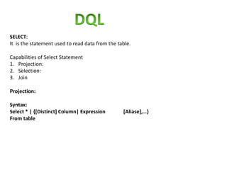 SELECT:
It is the statement used to read data from the table.
Capabilities of Select Statement
1. Projection:
2. Selection:
3. Join
Projection:
Syntax:
Select * | {[Distinct] Column| Expression [Aliase],…}
From table
 