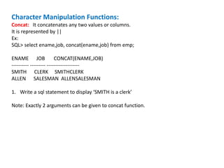 Character Manipulation Functions:
Concat: It concatenates any two values or columns.
It is represented by ||
Ex:
SQL> select ename,job, concat(ename,job) from emp;
ENAME JOB CONCAT(ENAME,JOB)
---------- --------- -------------------
SMITH CLERK SMITHCLERK
ALLEN SALESMAN ALLENSALESMAN
1. Write a sql statement to display ‘SMITH is a clerk’
Note: Exactly 2 arguments can be given to concat function.
 