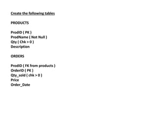 Create the following tables
PRODUCTS
ProdID ( PK )
ProdName ( Not Null )
Qty ( Chk > 0 )
Description
ORDERS
ProdID ( FK from products )
OrderID ( PK )
Qty_sold ( chk > 0 )
Price
Order_Date
 