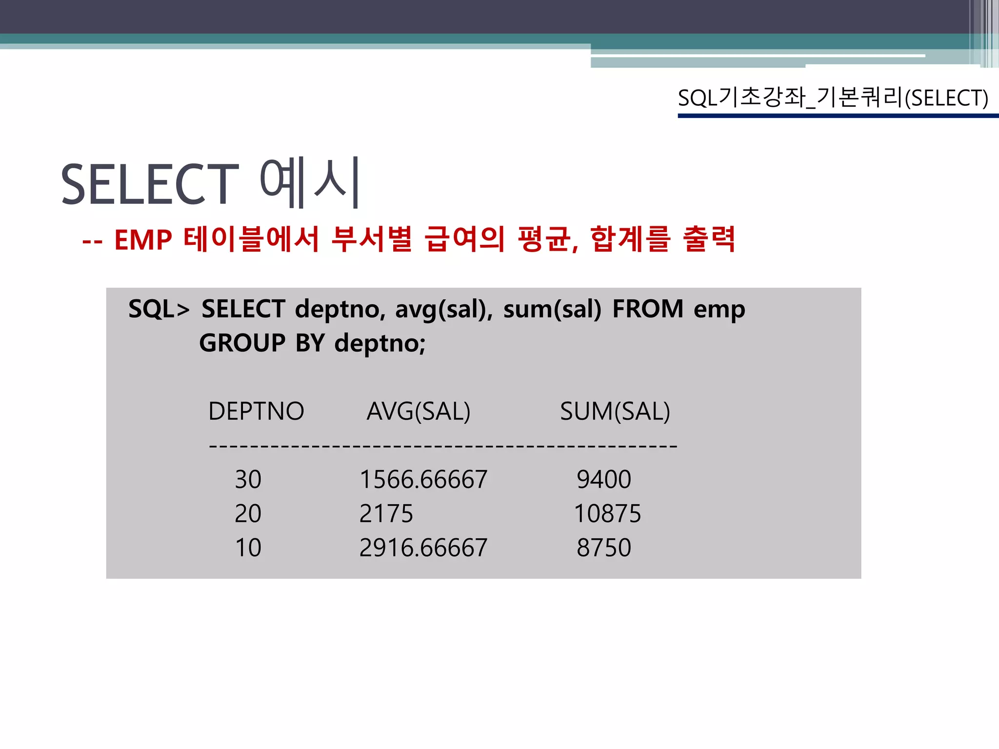 SELECT 예시
SQL> SELECT deptno, avg(sal), sum(sal) FROM emp
GROUP BY deptno;
DEPTNO AVG(SAL) SUM(SAL)
----------------------------------------------
30 1566.66667 9400
20 2175 10875
10 2916.66667 8750
SQL기초강좌_기본쿼리(SELECT)
-- EMP 테이블에서 부서별 급여의 평균, 합계를 출력
 