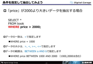 条件を指定して抽出してみよう
p「price」が2000より⼤きいデータを抽出する場合
pデータの⼀致は、=で指定します
nWHERE price = 1000
pデータの⼤⼩は、>, <, >=, <=で指定します
pデータの範囲は、BETWEEN a AND bで指定します
nWHERE price BETWEEN 1000 AND 2000 （1000,2000は含む）
- 27 -
SELECT *
FROM book
WHERE price > 2000;
 