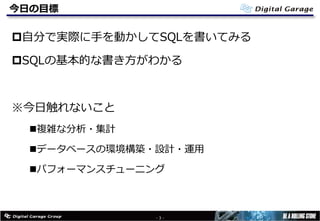 今⽇の⽬標
p⾃分で実際に⼿を動かしてSQLを書いてみる
pSQLの基本的な書き⽅がわかる
※今⽇触れないこと
n複雑な分析・集計
nデータベースの環境構築・設計・運⽤
nパフォーマンスチューニング
- 3 -
 