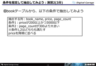 条件を指定して抽出してみよう：演習2(3分)
pbookテーブルから、以下の条件で抽出してみよう
- 30 -
抽出する列：book_name, price, page_count
条件1：priceが200以上かつ3000以下
条件2：page_countが300より⼤きい
※条件1,2はどちらも満たす
priceを降順に並べる
 
