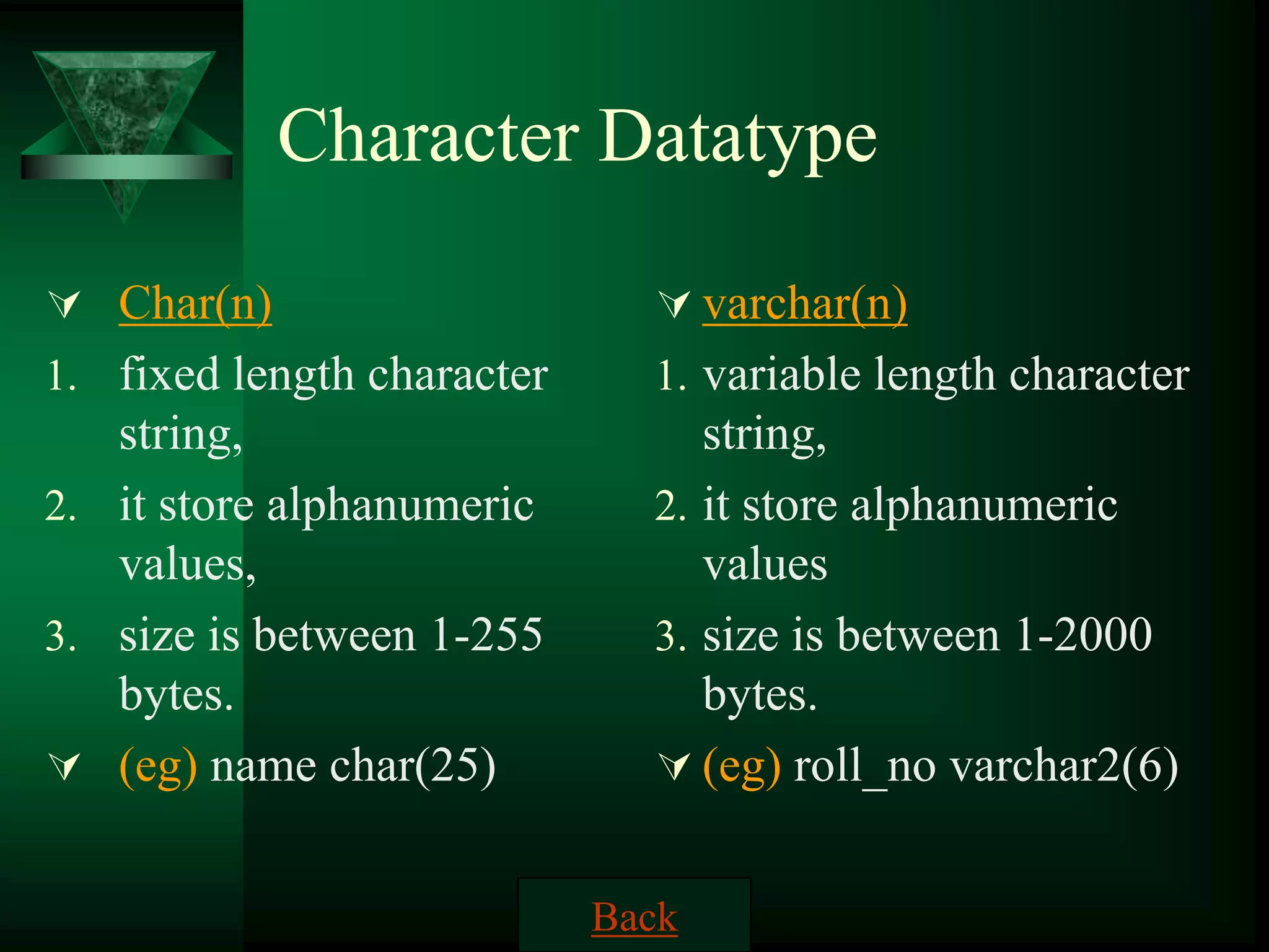 Character Datatype
 Char(n)
1. fixed length character
string,
2. it store alphanumeric
values,
3. size is between 1-255
bytes.
 (eg) name char(25)
 varchar(n)
1. variable length character
string,
2. it store alphanumeric
values
3. size is between 1-2000
bytes.
 (eg) roll_no varchar2(6)
Back
 