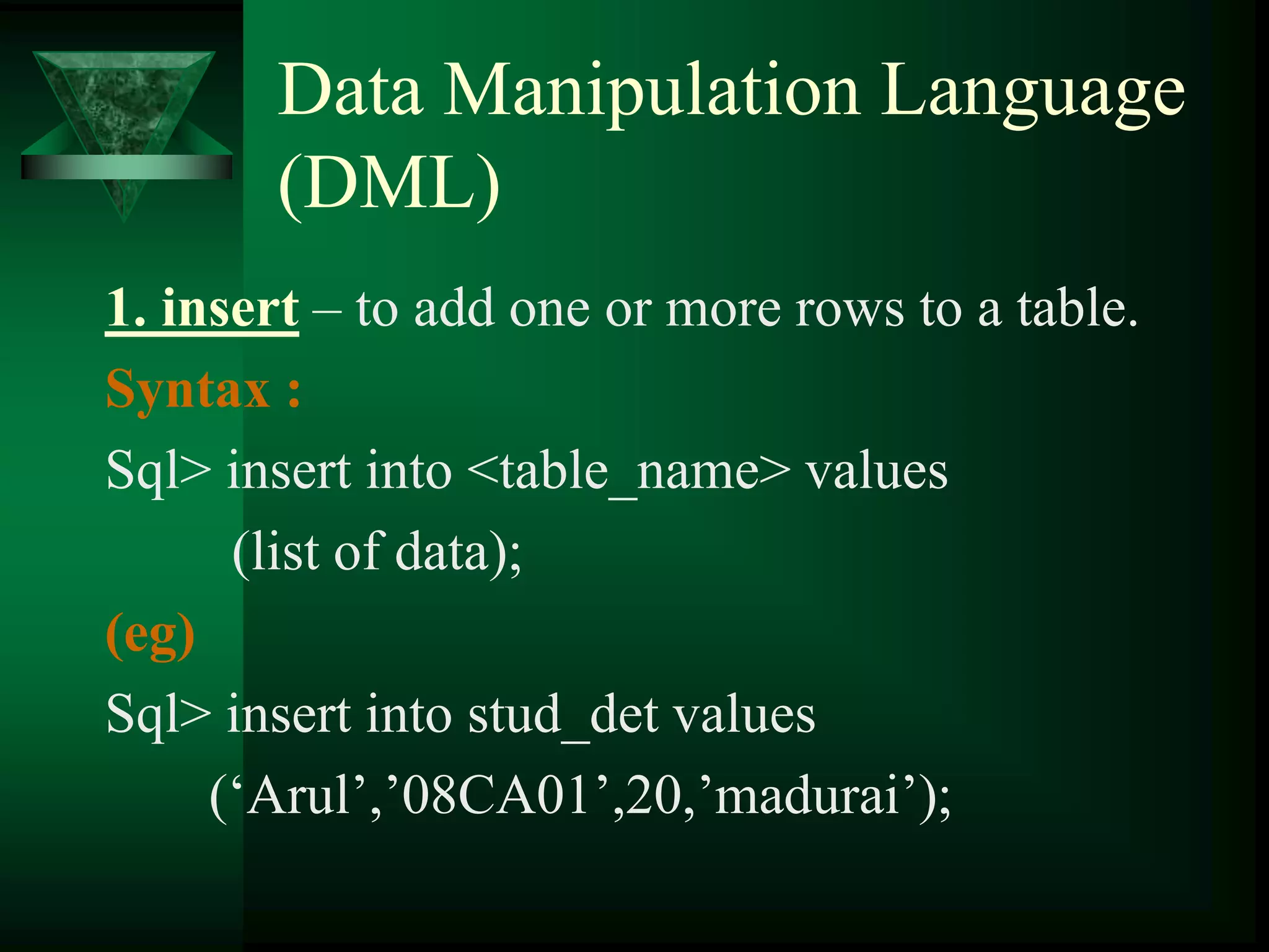Data Manipulation Language
(DML)
1. insert – to add one or more rows to a table.
Syntax :
Sql> insert into <table_name> values
(list of data);
(eg)
Sql> insert into stud_det values
(‘Arul’,’08CA01’,20,’madurai’);
 