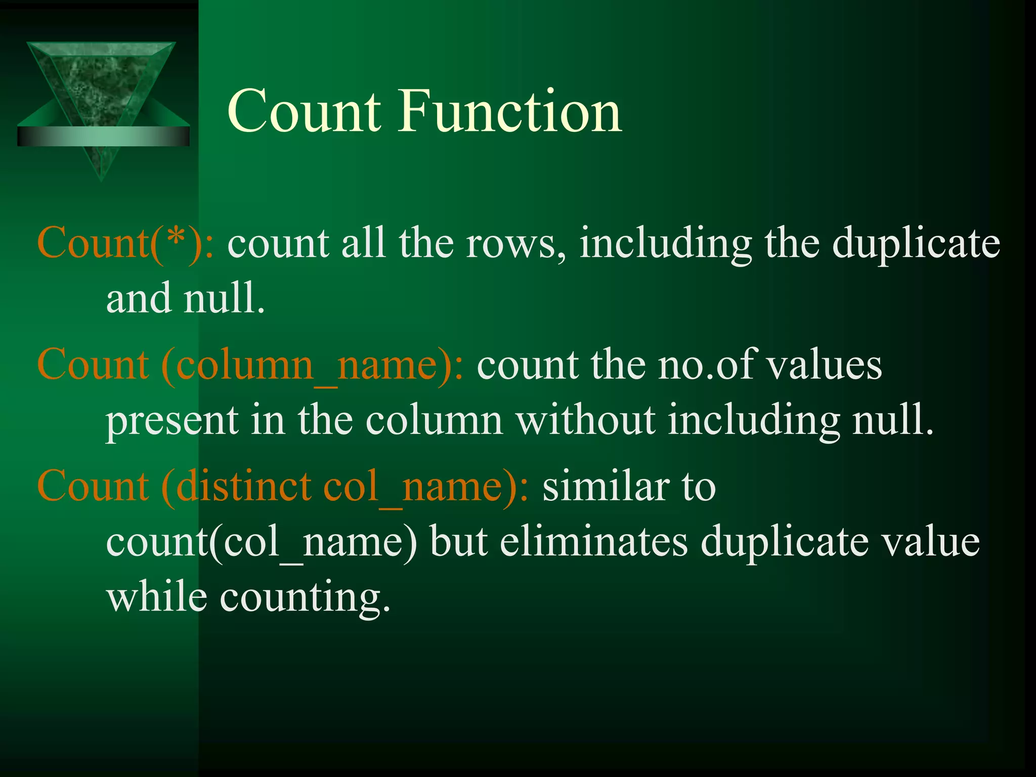 Count Function
Count(*): count all the rows, including the duplicate
and null.
Count (column_name): count the no.of values
present in the column without including null.
Count (distinct col_name): similar to
count(col_name) but eliminates duplicate value
while counting.
 