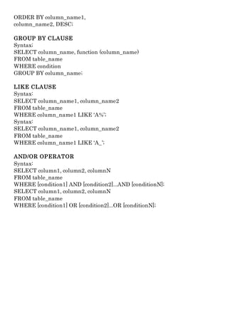 ORDER BY column_name1,
column_name2, DESC;
GROUP BY CLAUSE
Syntax;
SELECT column_name, function (column_name)
FROM table_name
WHERE condition
GROUP BY column_name;
LIKE CLAUSE
Syntax:
SELECT column_name1, column_name2
FROM table_name
WHERE column_name1 LIKE ‘A%’;
Syntax:
SELECT column_name1, column_name2
FROM table_name
WHERE column_name1 LIKE ‘A_’;
AND/OR OPERATOR
Syntax:
SELECT column1, column2, columnN
FROM table_name
WHERE [condition1] AND [condition2]...AND [conditionN];
SELECT column1, column2, columnN
FROM table_name
WHERE [condition1] OR [condition2]...OR [conditionN];
 