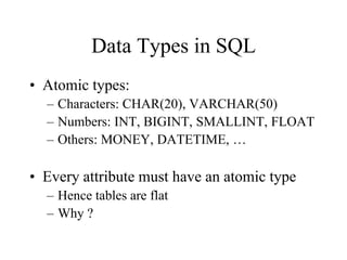 Data Types in SQL
• Atomic types:
– Characters: CHAR(20), VARCHAR(50)
– Numbers: INT, BIGINT, SMALLINT, FLOAT
– Others: MONEY, DATETIME, …
• Every attribute must have an atomic type
– Hence tables are flat
– Why ?
 