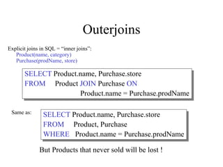 Outerjoins
Explicit joins in SQL = “inner joins”:
Product(name, category)
Purchase(prodName, store)
SELECT Product.name, Purchase.store
FROM Product JOIN Purchase ON
Product.name = Purchase.prodName
SELECT Product.name, Purchase.store
FROM Product, Purchase
WHERE Product.name = Purchase.prodName
Same as:
But Products that never sold will be lost !
 