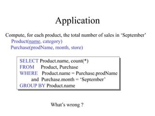 Application
Compute, for each product, the total number of sales in ‘September’
Product(name, category)
Purchase(prodName, month, store)
SELECT Product.name, count(*)
FROM Product, Purchase
WHERE Product.name = Purchase.prodName
and Purchase.month = ‘September’
GROUP BY Product.name
What’s wrong ?
 