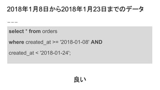2018年1月8日から2018年1月23日までのデータ
良い
select * from orders
where created_at >= '2018-01-08' AND
created_at < '2018-01-24';
 