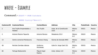Command :- SELECT * FROM Customers
WHERE Country='Mexico';
where - Example
 