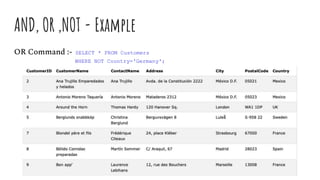 AND, OR ,NOT - Example
OR Command :- SELECT * FROM Customers
WHERE NOT Country='Germany';
 