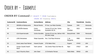 Order by - Example
ORDER BY Command : - SELECT * FROM Customers
ORDER BY Country DESC;
 