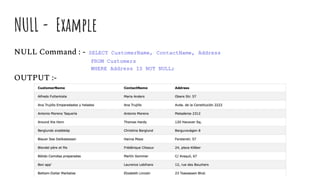 NULL - Example
NULL Command : - SELECT CustomerName, ContactName, Address
FROM Customers
WHERE Address IS NOT NULL;
OUTPUT :-
 