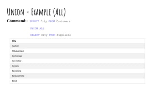Union - Example (All)
Command:- SELECT City FROM Customers
UNION ALL
SELECT City FROM Suppliers
ORDER BY City;
 