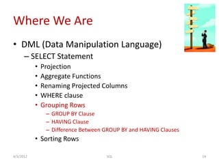 Where We Are
• DML (Data Manipulation Language)
– SELECT Statement
• Projection
• Aggregate Functions
• Renaming Projected Columns
• WHERE clause
• Grouping Rows
– GROUP BY Clause
– HAVING Clause
– Difference Between GROUP BY and HAVING Clauses
• Sorting Rows
4/3/2012 14SQL
 