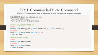Delete Table Sqlcommand SQL - DML and DDL Commands | PPTX