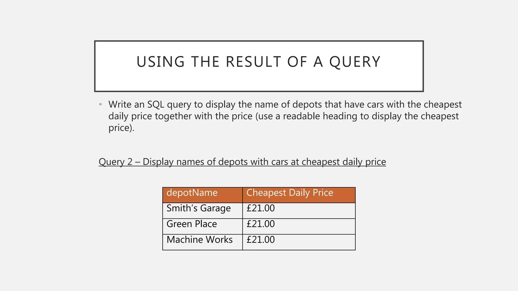 USING THE RESULT OF A QUERY
• Write an SQL query to display the name of depots that have cars with the cheapest
daily price together with the price (use a readable heading to display the cheapest
price).
Query 2 – Display names of depots with cars at cheapest daily price
depotName Cheapest Daily Price
Smith’s Garage £21.00
Green Place £21.00
Machine Works £21.00
 
