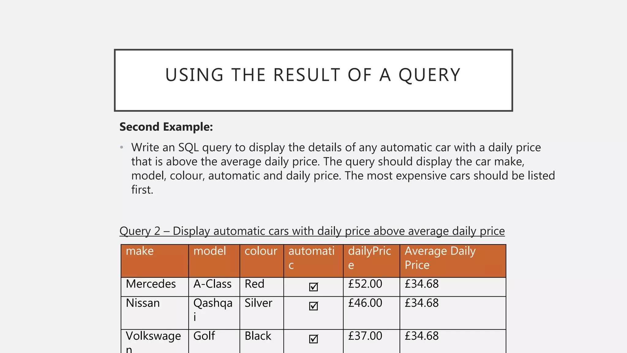 USING THE RESULT OF A QUERY
Second Example:
• Write an SQL query to display the details of any automatic car with a daily price
that is above the average daily price. The query should display the car make,
model, colour, automatic and daily price. The most expensive cars should be listed
first.
Query 2 – Display automatic cars with daily price above average daily price
make model colour automati
c
dailyPric
e
Average Daily
Price
Mercedes A-Class Red  £52.00 £34.68
Nissan Qashqa
i
Silver  £46.00 £34.68
Volkswage Golf Black  £37.00 £34.68
 
