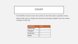 depotCity count
Edinburgh 3
Glasgow 2
Inverness 1
Perth 1
COUNT
• The COUNT() function returns the number of rows that match a specified criteria.
• Write an SQL query to display the cities that have depot, together with the number
of depots in each city.
 