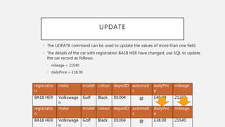 UPDATE
• The UDPATE command can be used to update the values of more than one field.
• The details of the car with registration BA18 HER have changed, use SQL to update
the car record as follows:
• mileage = 21540
• dailyPrice = £38.00
registratio
n
make model colour depotID automati
c
dailyPric
e
mileage
BA18 HER Volkswage
n
Golf Black D1004  £40.00 21233
registratio
n
make model colour depotID automati
c
dailyPric
e
mileage
BA18 HER Volkswage
n
Golf Black D1004  £38.00 21540
 