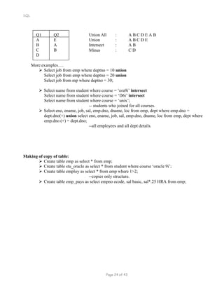 Q1 Q2
A
B
C
D
E
A
B
SQL
Union All : A B C D E A B
Union : A B C D E
Intersect : A B
Minus : C D
More examples….
 Select job from emp where deptno = 10 union
Select job from emp where deptno = 20 union
Select job from mp where deptno = 30;
 Select name from student where course = ‘ora9i’ intersect
Select name from student where course = ‘D6i’ intersect
Select name from student where course = ‘unix’;
-- students who joined for all courses.
 Select eno, ename, job, sal, emp.dno, dname, loc from emp, dept where emp.dno =
dept.dno(+) union select eno, ename, job, sal, emp.dno, dname, loc from emp, dept where
emp.dno (+) = dept.dno;
--all employees and all dept details.
Making of copy of table:
 Create table emp as select * from emp;
 Create table stu_oracle as select * from student where course ‘oracle 9i’;
 Create table employ as select * from emp where 1>2;
--copies only structure.
 Create table emp_pays as select empno ecode, sal basic, sal*.25 HRA from emp;
Page 24 of 43
 