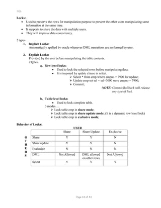 Share Share Update Exclusive
Share Y Y N
Share update Y Y N
Exclusive N N N
DML Not Allowed DML allowed
on other rows
Not Allowed
Select Y Y Y
SQL
Locks:
 Used to preserve the rows for manipulation purpose to prevent the other users manipulating same
information at the same time.
 It supports to share the data with multiple users.
 They will improve data concurrency.
2 types….
1. Implicit Locks:
Automatically applied by oracle whenever DML operations are performed by user.
2. Explicit Locks:
Provided by the user before manipulating the table contents.
2 types..
a. Row level locks:
 Used to lock the selected rows before manipulating data.
 It is imposed by update clause in select.
 Select * from emp where empno = 7900 for update;
 Update emp set sal = sal+3000 were empno = 7900;
 Commit;
NOTE: Commit/Rollback will release
any type of lock.
b. Table level locks:
 Used to lock complete table.
3 modes….
 Lock table emp in share mode;
 Lock table emp in share update mode; (It is a dynamic row level lock)
 Lock table emp in exclusive mode;
Behavior of Locks:
USER
O
T
H
E
R
S
Page 33 of 43
 