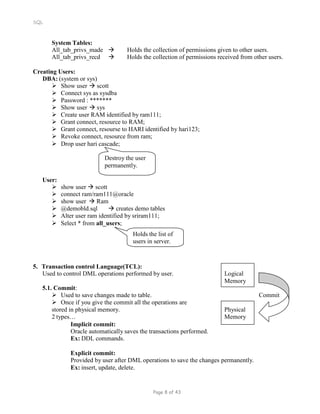 SQL
System Tables:
All_tab_privs_made  Holds the collection of permissions given to other users.
All_tab_privs_recd  Holds the collection of permissions received from other users.
Creating Users:
DBA: (system or sys)
 Show user  scott
 Connect sys as sysdba
 Password : *******
 Show user  sys
 Create user RAM identified by ram111;
 Grant connect, resource to RAM;
 Grant connect, resourse to HARI identified by hari123;
 Revoke connect, resource from ram;
 Drop user hari cascade;
Destroy the user
permanently.
User:
 show user  scott
 connect ram/ram111@oracle
 show user  Ram
 @demobld.sql  creates demo tables
 Alter user ram identified by sriram111;
 Select * from all_users;
Holds the list of
users in server.
5. Transaction control Language(TCL):
Used to control DML operations performed by user. Logical
Memory
5.1. Commit:
 Used to save changes made to table. Commit
 Once if you give the commit all the operations are
stored in physical memory. Physical
2 types… Memory
Implicit commit:
Oracle automatically saves the transactions performed.
Ex: DDL commands.
Explicit commit:
Provided by user after DML operations to save the changes permanently.
Ex: insert, update, delete.
Page 8 of 43
 