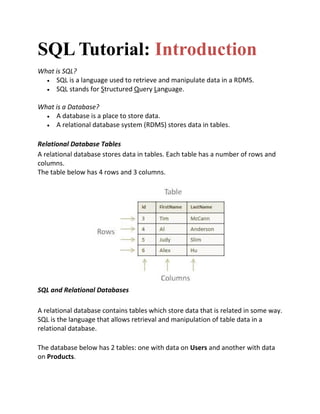 SQL Tutorial: Introduction
What is SQL?
 SQL is a language used to retrieve and manipulate data in a RDMS.
 SQL stands for Structured Query Language.
What is a Database?
 A database is a place to store data.
 A relational database system (RDMS) stores data in tables.
Relational Database Tables
A relational database stores data in tables. Each table has a number of rows and
columns.
The table below has 4 rows and 3 columns.
SQL and Relational Databases
A relational database contains tables which store data that is related in some way.
SQL is the language that allows retrieval and manipulation of table data in a
relational database.
The database below has 2 tables: one with data on Users and another with data
on Products.
 