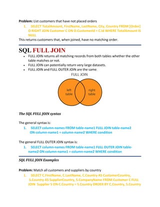 Problem: List customers that have not placed orders
1. SELECT TotalAmount, FirstName, LastName, City, Country FROM [Order]
O RIGHT JOIN Customer C ON O.CustomerId = C.Id WHERE TotalAmount IS
NULL
This returns customers that, when joined, have no matching order.
SQL FULL JOIN
 FULL JOIN returns all matching records from both tables whether the other
table matches or not.
 FULL JOIN can potentially return very large datasets.
 FULL JOIN and FULL OUTER JOIN are the same.
The SQL FULL JOIN syntax
The general syntax is:
1. SELECT column-names FROM table-name1 FULL JOIN table-name2
ON column-name1 = column-name2 WHERE condition
The general FULL OUTER JOIN syntax is:
1. SELECT column-names FROM table-name1 FULL OUTER JOIN table-
name2 ON column-name1 = column-name2 WHERE condition
SQL FULL JOIN Examples
Problem: Match all customers and suppliers by country
1. SELECT C.FirstName, C.LastName, C.Country AS CustomerCountry,
S.Country AS SupplierCountry, S.CompanyName FROM Customer C FULL
JOIN Supplier S ON C.Country = S.Country ORDER BY C.Country, S.Country
 