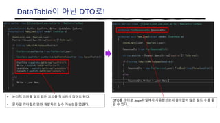 DataTable이 아닌 DTO로!
DTO를 그대로 .aspx파일에서 사용함으로써 쓸데없이 많은 필드 수를 줄
일 수 있다.
• 논리적 의미를 알기 힘든 코드를 작성하지 않아도 된다.
• 문자열 리터럴로 인한 개발자의 실수 가능성을 없앤다.
 