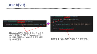 OOP 네이밍
Repository로부터 데이터를 꺼내는 느낌인
Get*()에서 EF가 적용된 Repository에게
찾으라고 명령하는 OOP느낌이 강한 네이
밍으로 바꿨다. Entity를 DTO로 간단하게 변경하여 반환한다.
 