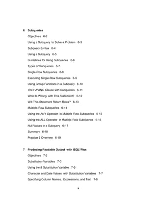 6 Subqueries
Objectives 6-2
Using a Subquery to Solve a Problem 6-3
Subquery Syntax 6-4
Using a Subquery 6-5
Guidelines for Using Subqueries 6-6
Types of Subqueries 6-7
Single-Row Subqueries 6-8
Executing Single-Row Subqueries 6-9
Using Group Functions in a Subquery 6-10
The HAVING Clause with Subqueries 6-11
What Is Wrong with This Statement? 6-12
Will This Statement Return Rows? 6-13
Multiple-Row Subqueries 6-14
Using the ANY Operator in Multiple-Row Subqueries 6-15
Using the ALL Operator in Multiple-Row Subqueries 6-16
Null Values in a Subquery 6-17
Summary 6-18
Practice 6 Overview 6-19
7 Producing Readable Output with iSQL*Plus
Objectives 7-2
Substitution Variables 7-3
Using the & Substitution Variable 7-5
Character and Date Values with Substitution Variables 7-7
Specifying Column Names, Expressions, and Text 7-8
x
 