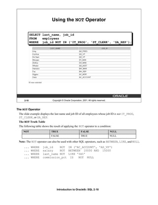 Introduction to Oracle9i: SQL 2-18
2-18 Copyright © Oracle Corporation, 2001. All rights reserved.
Using the NOT Operator
SELECT last_name, job_id
FROM employees
WHERE job_id NOT IN ('IT_PROG', 'ST_CLERK', 'SA_REP');
The NOT Operator
The slide example displays the last name and job ID of all employees whose job ID is not IT_PROG,
ST_CLERK, or SA_REP.
The NOT Truth Table
The following table shows the result of applying the NOT operator to a condition:
Note: The NOT operator can also be used with other SQL operators, such as BETWEEN, LIKE, and NULL.
... WHERE job_id NOT IN ('AC_ACCOUNT', 'AD_VP')
... WHERE salary NOT BETWEEN 10000 AND 15000
... WHERE last_name NOT LIKE '%A%'
... WHERE commission_pct IS NOT NULL
NOT TRUE FALSE NULL
FALSE TRUE NULL
 