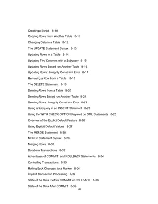 Creating a Script 8-10
Copying Rows from Another Table 8-11
Changing Data in a Table 8-12
The UPDATE Statement Syntax 8-13
Updating Rows in a Table 8-14
Updating Two Columns with a Subquery 8-15
Updating Rows Based on Another Table 8-16
Updating Rows: Integrity Constraint Error 8-17
Removing a Row from a Table 8-18
The DELETE Statement 8-19
Deleting Rows from a Table 8-20
Deleting Rows Based on Another Table 8-21
Deleting Rows: Integrity Constraint Error 8-22
Using a Subquery in an INSERT Statement 8-23
Using the WITH CHECK OPTION Keyword on DML Statements 8-25
Overview of the Explict Default Feature 8-26
Using Explicit Default Values 8-27
The MERGE Statement 8-28
MERGE Statement Syntax 8-29
Merging Rows 8-30
Database Transactions 8-32
Advantages of COMMIT and ROLLBACK Statements 8-34
Controlling Transactions 8-35
Rolling Back Changes to a Marker 8-36
Implicit Transaction Processing 8-37
State of the Data Before COMMIT or ROLLBACK 8-38
State of the Data After COMMIT 8-39
xii
 