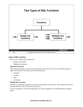 Introduction to Oracle9i: SQL 3-4
Types of SQL Functions
There are two distinct types of functions:
• Single-row functions
• Multiple-row functions
Single-Row Functions
These functions operate on single rows only and return one result per row. There are different types of
single-row functions. This lesson covers the following ones:
• Character
• Number
• Date
• Conversion
Multiple-Row Functions
Functions can manipulate groups of rows to give one result per group of rows. These functions are known
as group functions. This is covered in a later lesson.
For more information, see Oracle9i SQL Reference for the complete list of available functions and their
syntax.
3-4 Copyright © Oracle Corporation, 2001. All rights reserved.
Two Types of SQL Functions
Functions
Single-row
functions
Multiple-row
functions
 