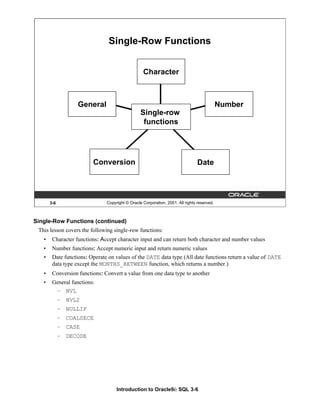 Introduction to Oracle9i: SQL 3-6
3-6 Copyright © Oracle Corporation, 2001. All rights reserved.
Single-Row Functions
Conversion
Character
Number
Date
General
Single-row
functions
Single-Row Functions (continued)
This lesson covers the following single-row functions:
• Character functions: Αccept character input and can return both character and number values
• Number functions: Accept numeric input and return numeric values
• Date functions: Operate on values of the DATE data type (All date functions return a value of DATE
data type except the MONTHS_BETWEEN function, which returns a number.)
• Conversion functions: Convert a value from one data type to another
• General functions:
– NVL
– NVL2
– NULLIF
– COALSECE
– CASE
– DECODE
 